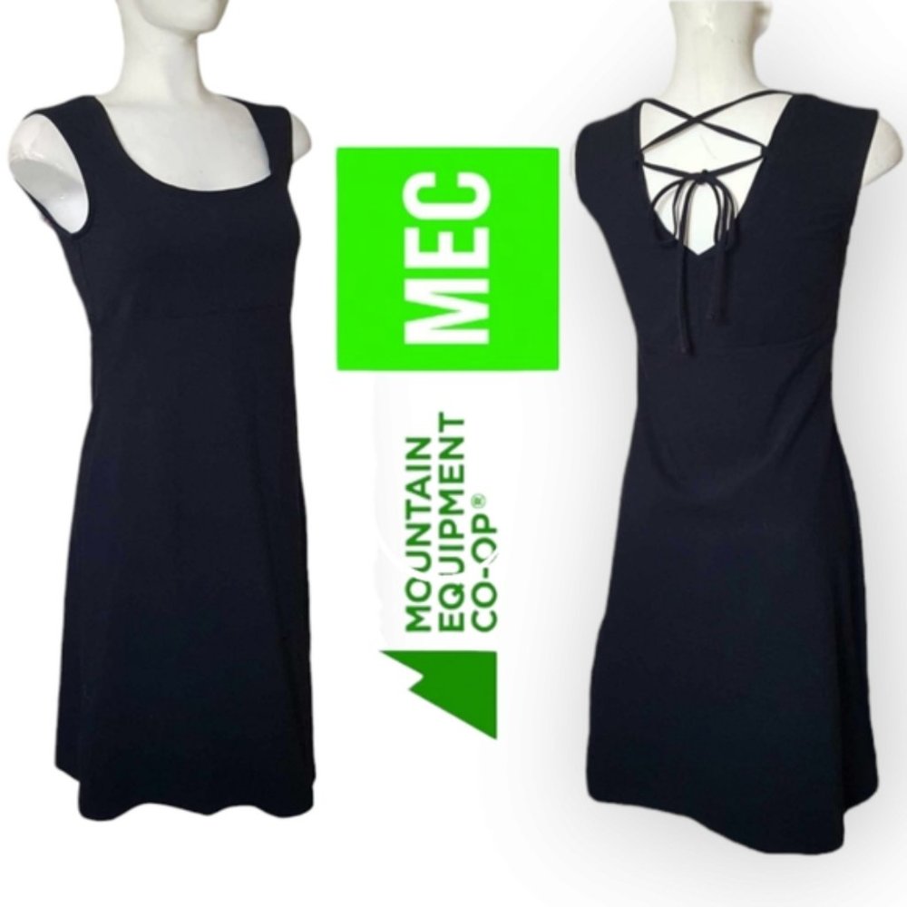 MEC black organic cotton sleeveless criss cross deep V back dress size medium